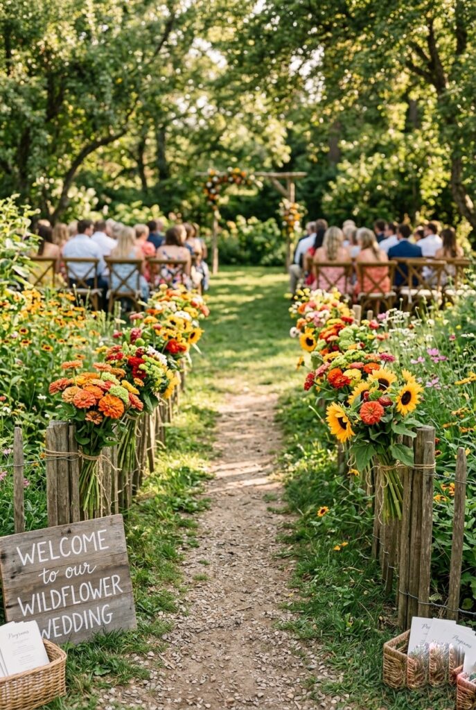 Outdoor summer wedding ceremony aisle lined with bunches of wildflowers and greenery tied to wooden stakes at ground level along both sides, loose and abundant, natural garden setting — portrait