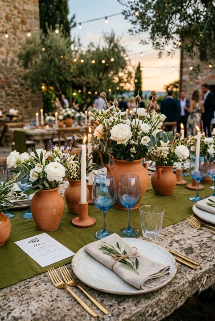 Summer wedding tablescape with terracotta ceramic vessels, azure blue tinted glassware, olive green linen runner, white wildflowers, and warm golden candlelight on a stone outdoor table — portrait 2:3