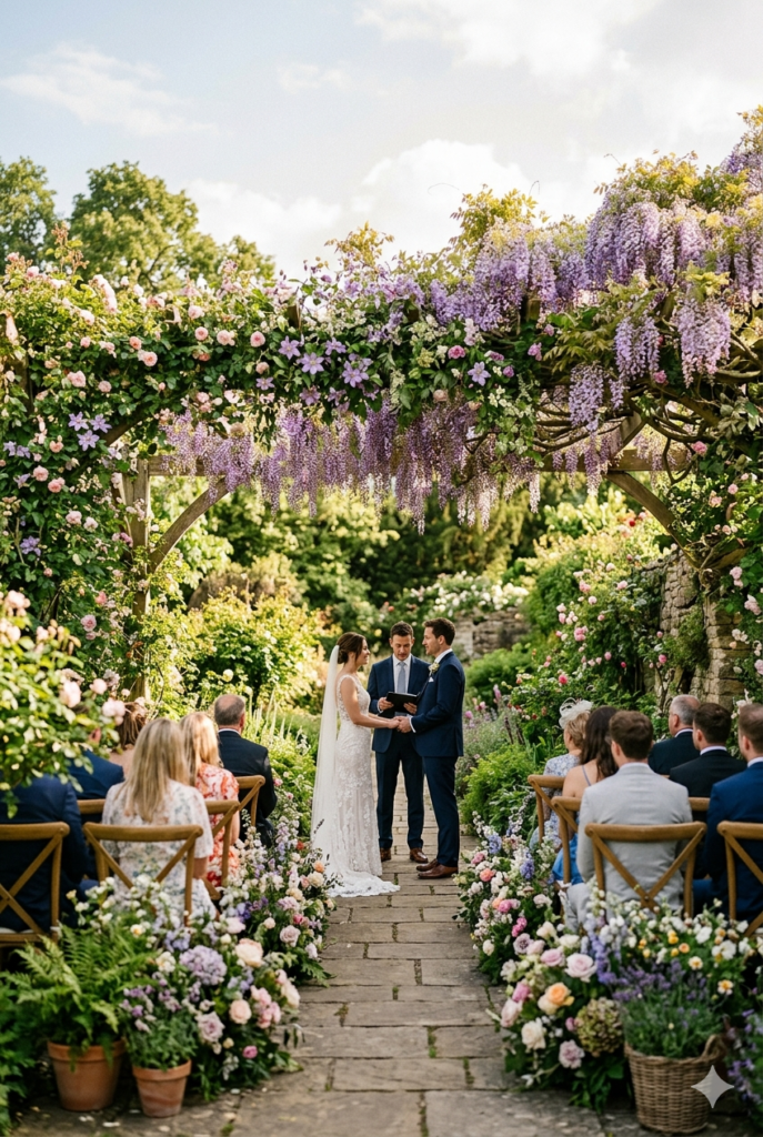 Outdoor summer wedding ceremony under a natural pergola draped with climbing vines and cascading wisteria, loose floral clusters at base, no added arch structure, lush green garden venue — portrait 2:3