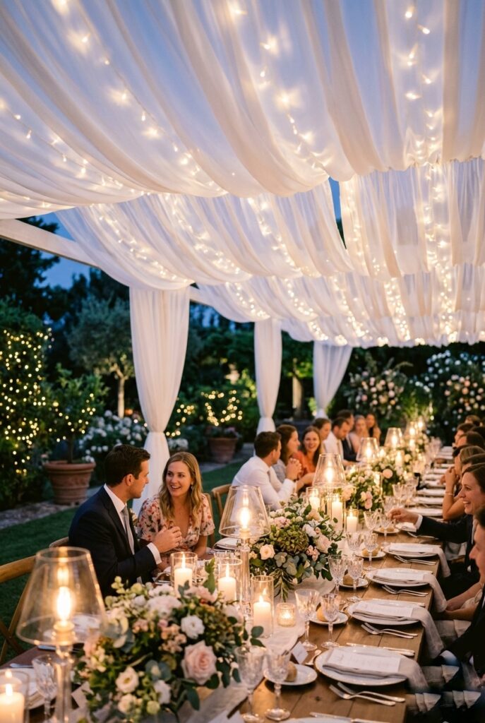 Outdoor summer evening wedding reception under a billowing white chiffon fabric ceiling installation with fairy lights woven through, warm amber light, long tables below with candles — portrait 2:3