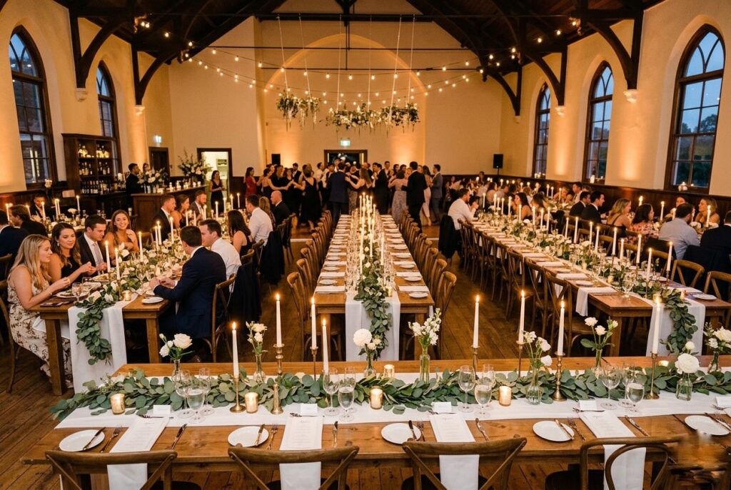 Elegant wedding reception table decorated with bud vases, taper candles, and loose greenery in a soft, romantic setting — landscape format