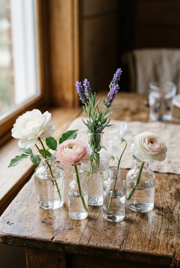 Cluster of three mismatched bud vases with single-stem flowers on a wooden wedding reception table — portrait format