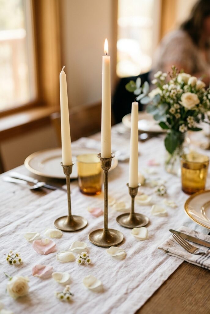 Tall ivory taper candles in thin brass candlestick holders on a white linen reception table — portrait format