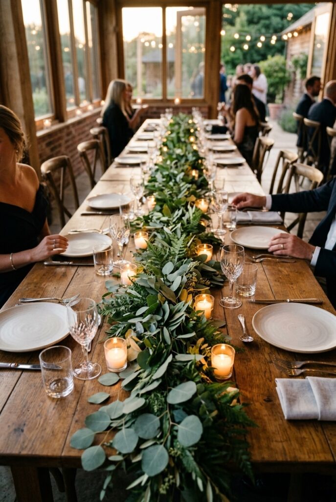Long eucalyptus and fern garland runner down the center of a farmhouse reception table with candles — portrait format