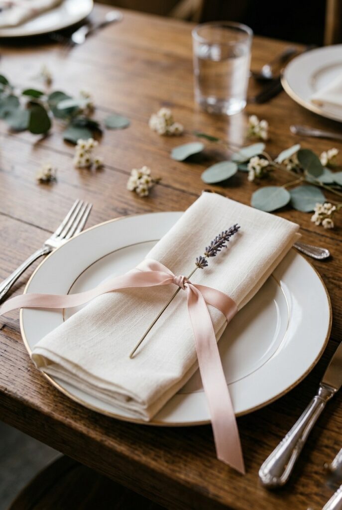 Linen wedding napkin tied with a thin satin ribbon and a single sprig of lavender on a place setting — portrait format