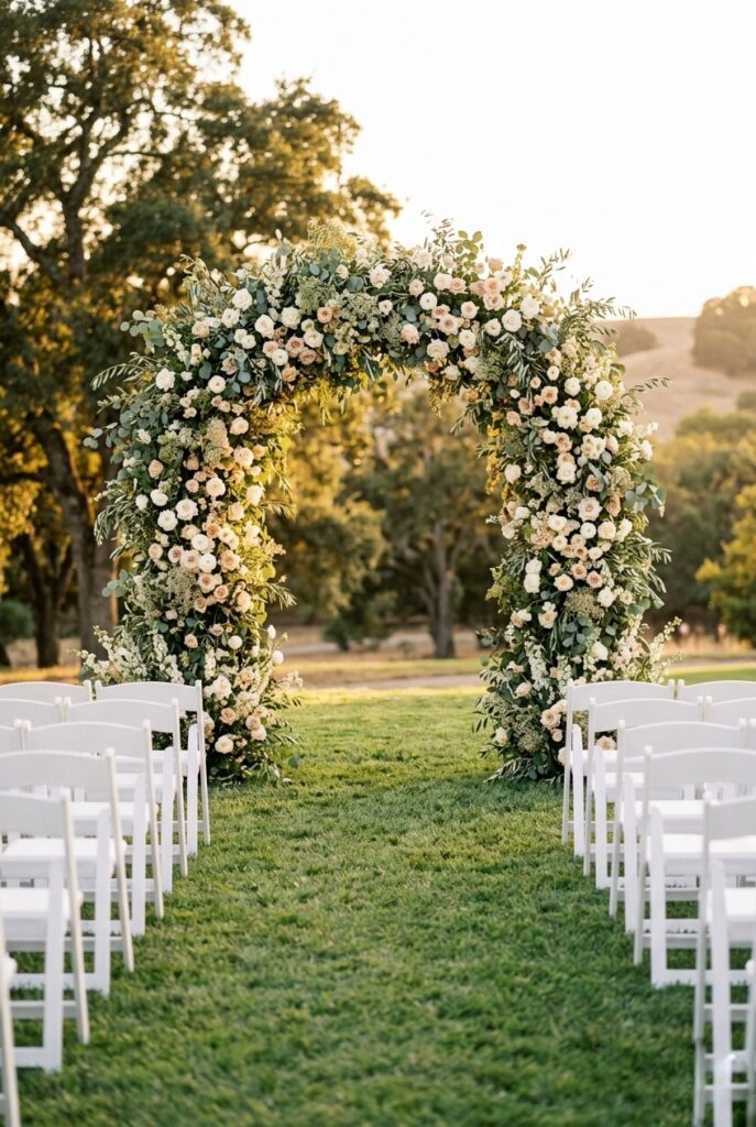 Lush floral and greenery wedding arch at ceremony entrance with simple white chairs and no other decorations — portrait format
