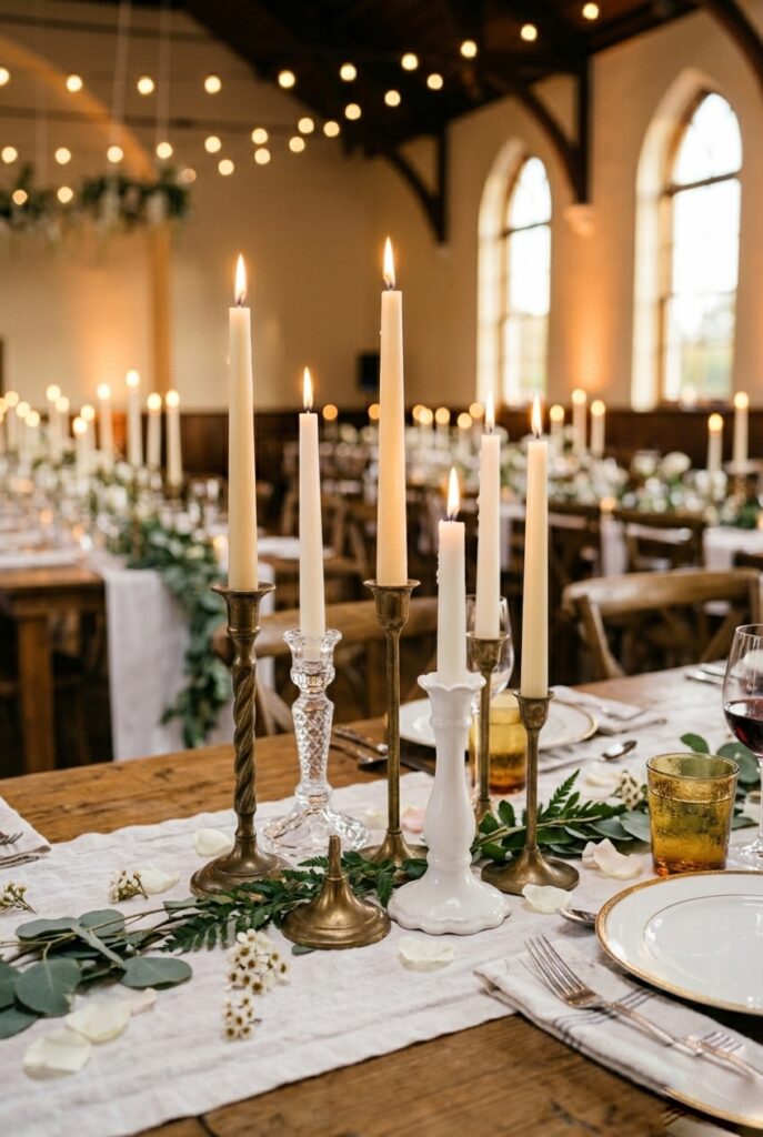 Collection of mismatched vintage candlesticks in different heights and finishes grouped together as a wedding table centerpiece — portrait format