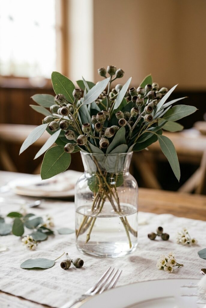 Close-up of seeded eucalyptus stems arranged loosely in a glass vase on a wedding table with soft natural light — portrait format