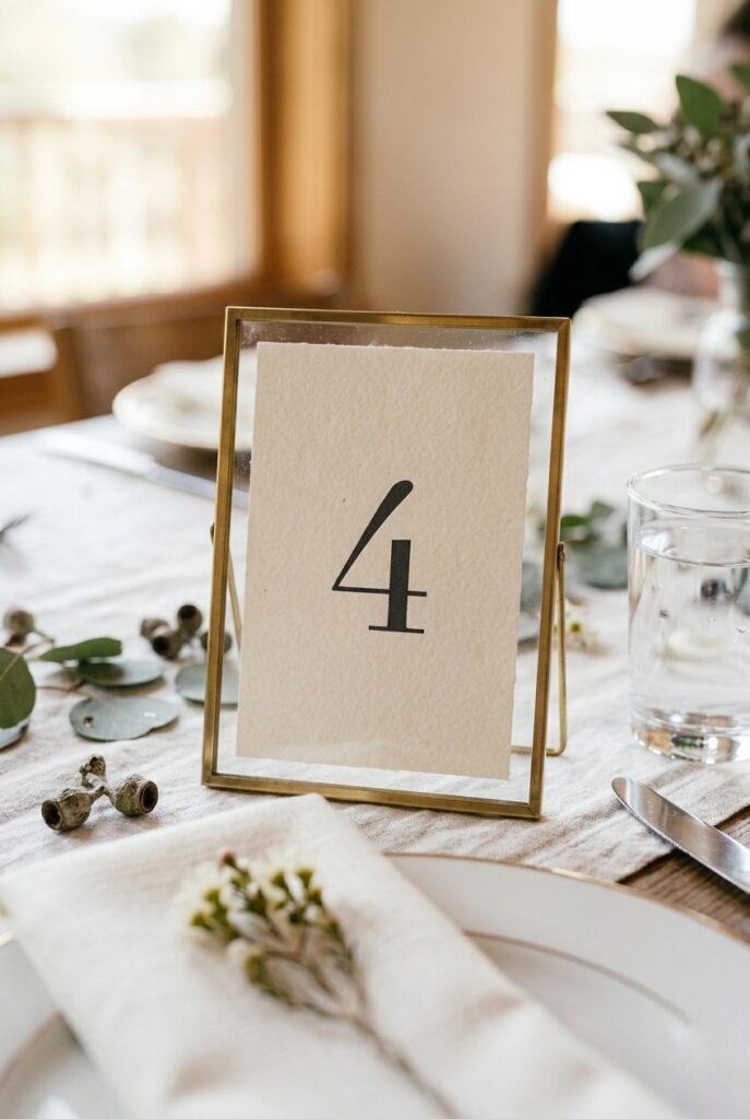 Simple black-text table number card displayed in a small clip stand on a wedding reception table — portrait format