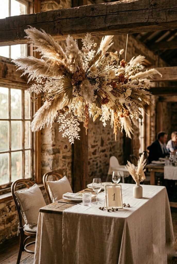 Dried pampas grass and dried flower wedding ceremony installation hanging from a wooden beam with warm evening light — portrait format