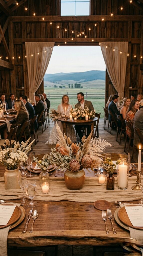 Live edge wood slab tables with linen runners, candle votives, and dried botanical centerpieces at an outdoor western wedding reception