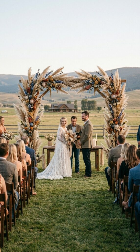 Dried pampas grass and wildflower wedding ceremony arch at an outdoor ranch wedding with natural light