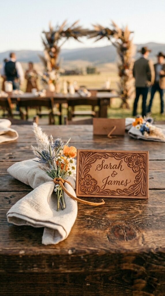 Tooled leather place card on a rustic wooden table at a western wedding reception with linen napkin and wildflower sprig
