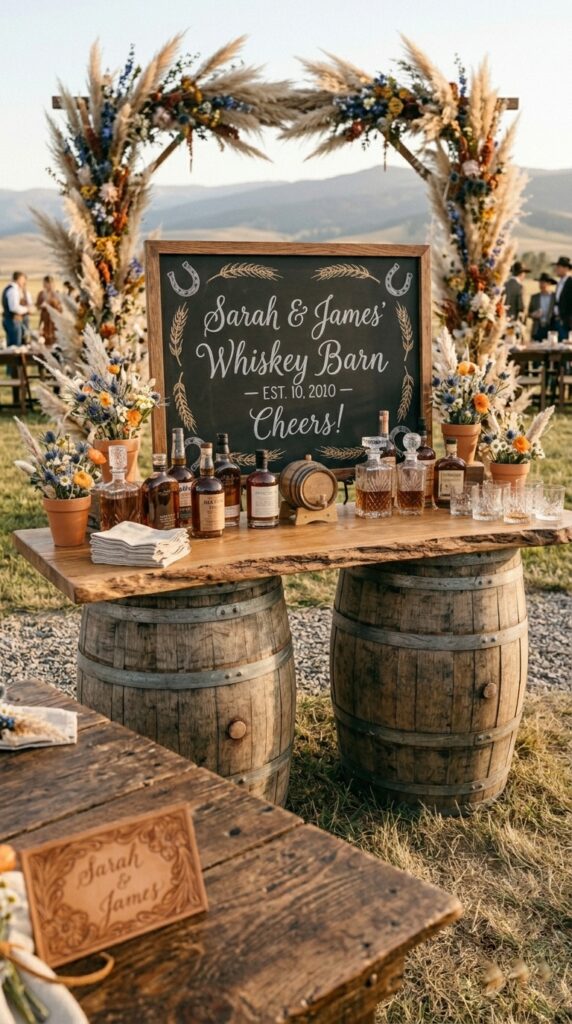Whiskey barrel bar station at a western wedding with chalkboard signage, amber bottles, and wildflower accents