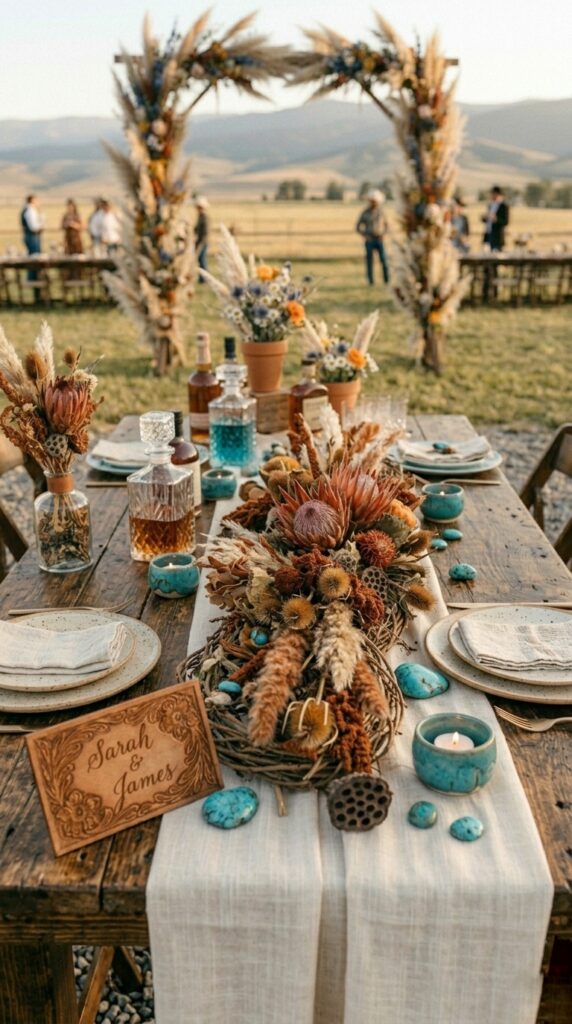 Western wedding table centerpiece with rust dried florals, cream linen, and turquoise accent pieces on raw wood table