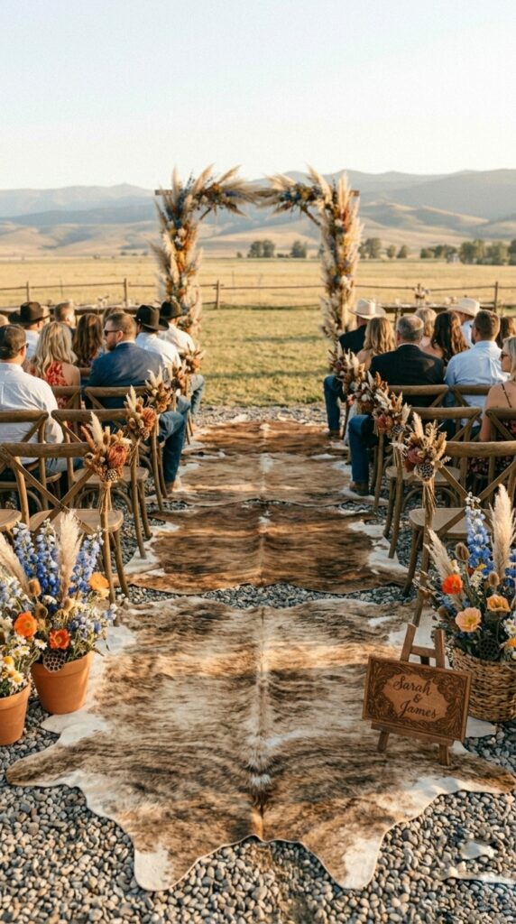 Cowhide rug aisle runner at an outdoor ranch wedding ceremony with wooden chairs and wildflower arrangements