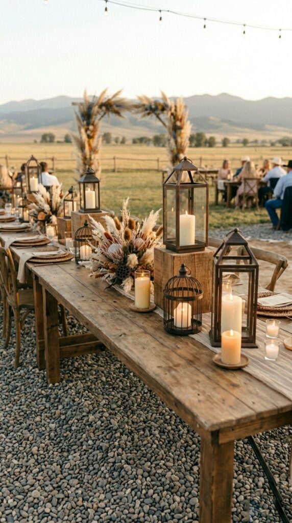 Iron lanterns at varying heights on a western wedding reception table with candles and dried botanical centerpieces