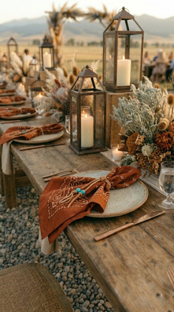 Cotton bandana napkin in rust tied with leather cord at a western wedding place setting on a raw wood table