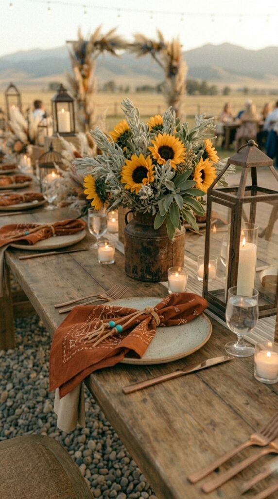 Sunflower and sage centerpiece in iron vase on wooden table at western wedding reception with candlelight