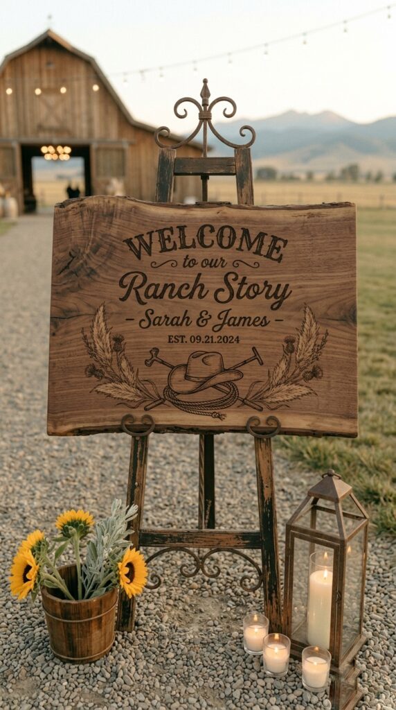 Custom hand-burned wooden welcome sign on vintage easel at ranch wedding venue entrance with candle accents