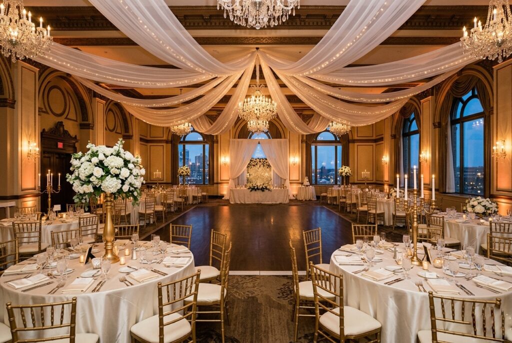 Elegant traditional wedding reception with tall white floral centerpieces, white taper candles in gold candelabras, and ivory draped tables inside a grand ballroom