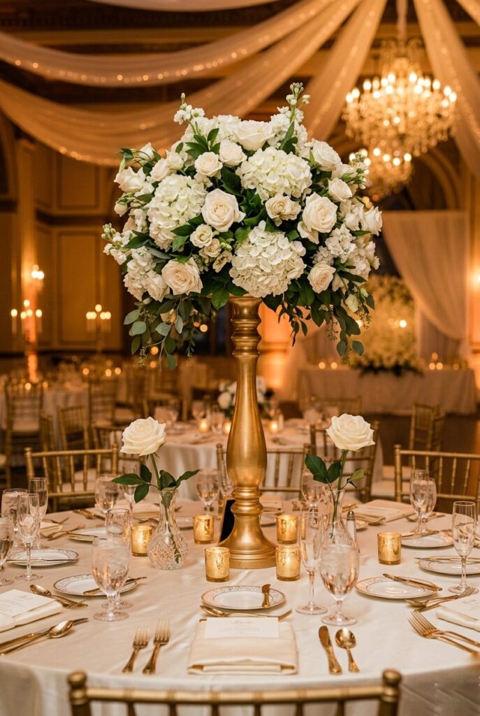 Tall white rose and hydrangea floral centerpiece on a gold pedestal beside two low bud vases on a draped ivory reception table