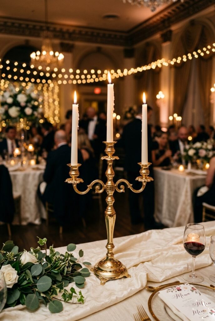 Three-arm gold candelabra with white taper candles glowing on an ivory linen reception table at an evening traditional wedding