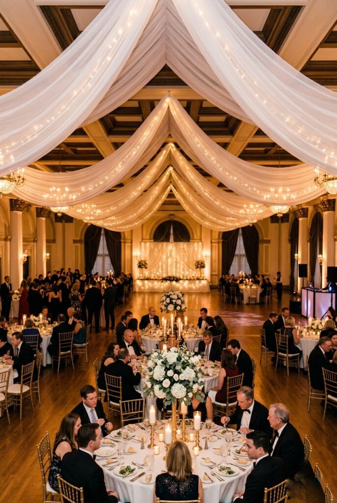 White chiffon fabric draped in soft swags across a ballroom ceiling above a traditional wedding reception with round tables and candlelight