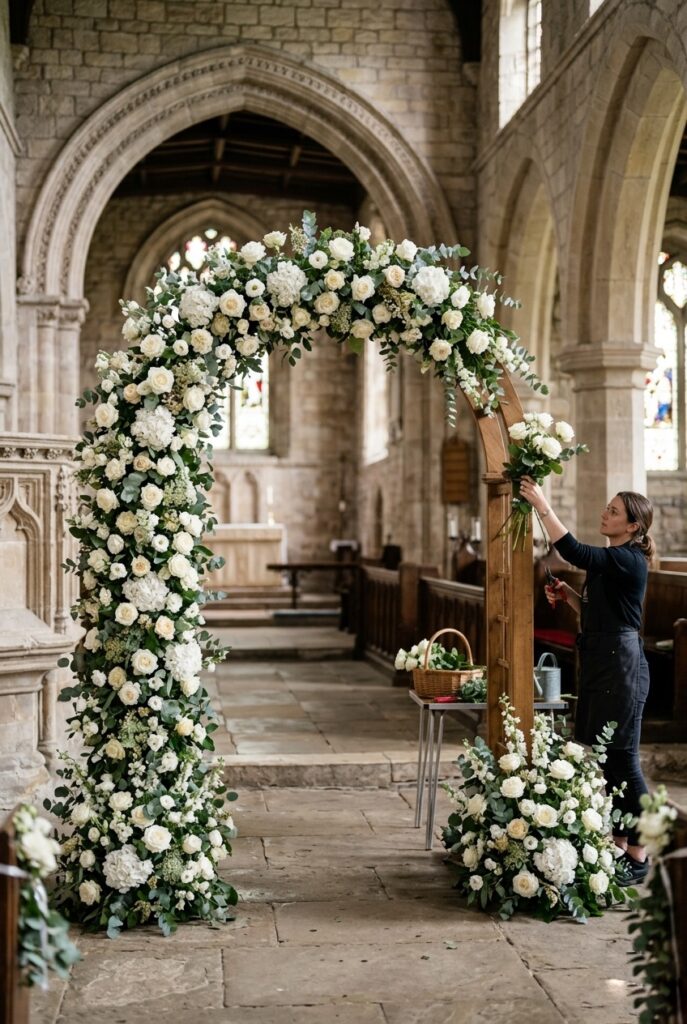 Classic white floral wedding arch with white roses and greenery at a traditional church ceremony, with removable bloom panels