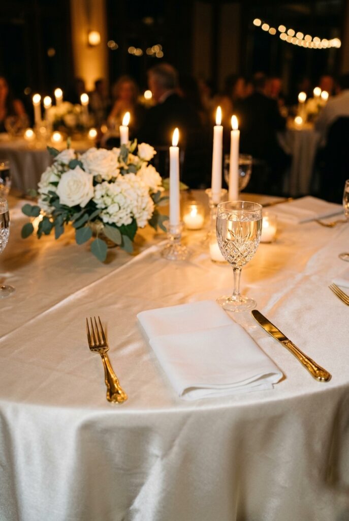 Ivory satin tablecloth on a round reception table with gold flatware, white napkins, and crystal glassware at a traditional wedding
