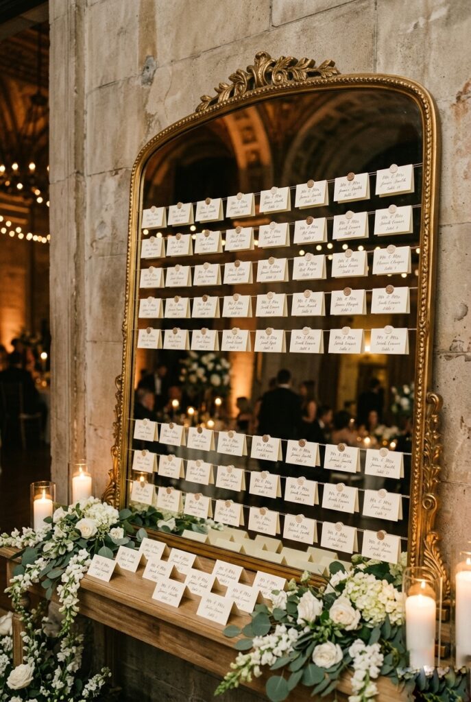 Hand-calligraphed escort cards displayed on an ornate gold-framed mirror at a traditional wedding reception entrance