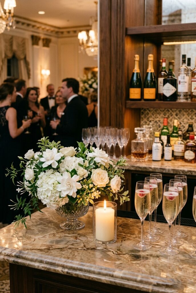 Cocktail hour bar display at a traditional wedding with white gardenia arrangements in crystal vases and unscented pillar candles