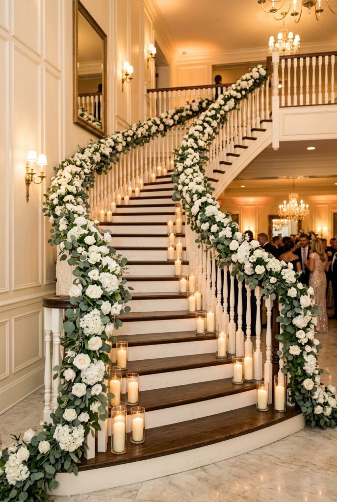 Grand staircase at a wedding venue decorated with white rose and eucalyptus garland along the banister and pillar candles on the steps