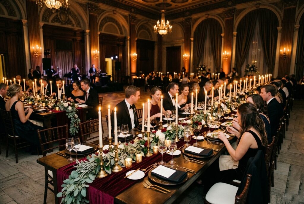 Elegant winter wedding reception with tall candlelit centerpieces, deep burgundy velvet table runners, frosted eucalyptus greenery, and warm amber lighting in a romantic ballroom