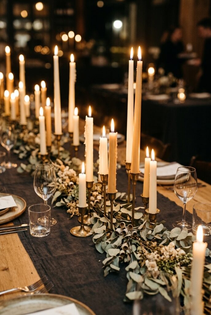 Long dining table with clustered taper candles in varying heights, ivory and cream tones, placed on a dark linen runner with sprigs of dried eucalyptus