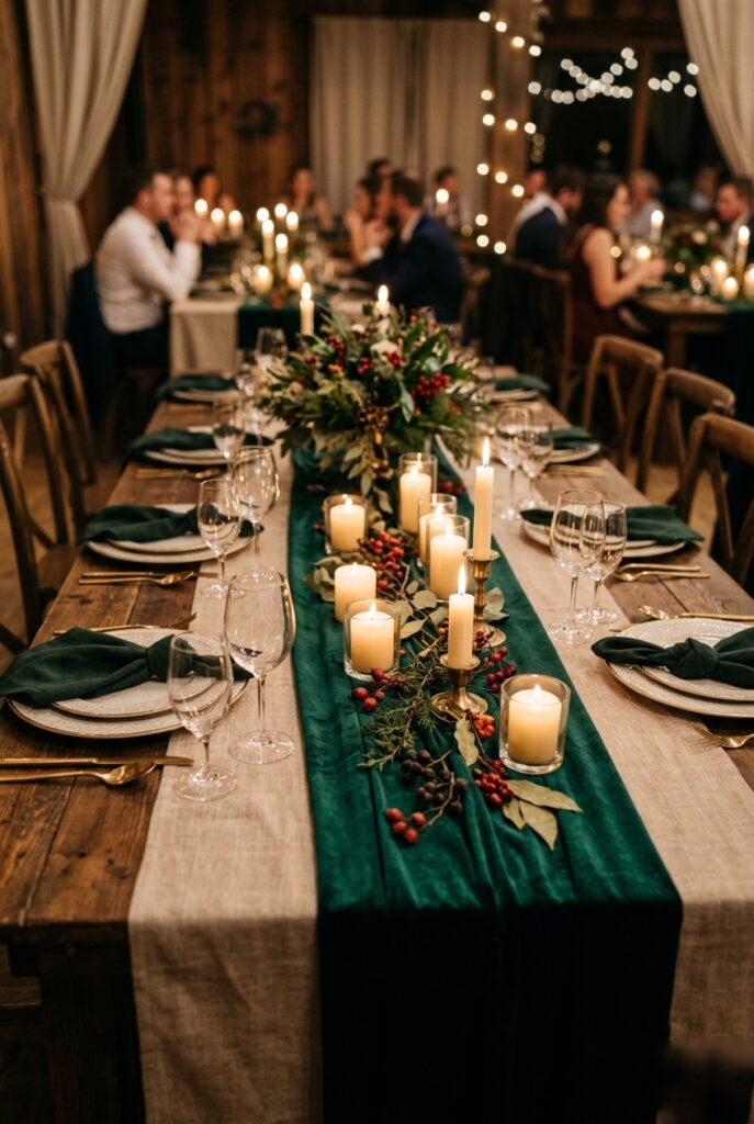  Rustic wood banquet table with deep emerald green velvet table runner, small cream pillar candles, and scattered dried winter berries at a wedding reception