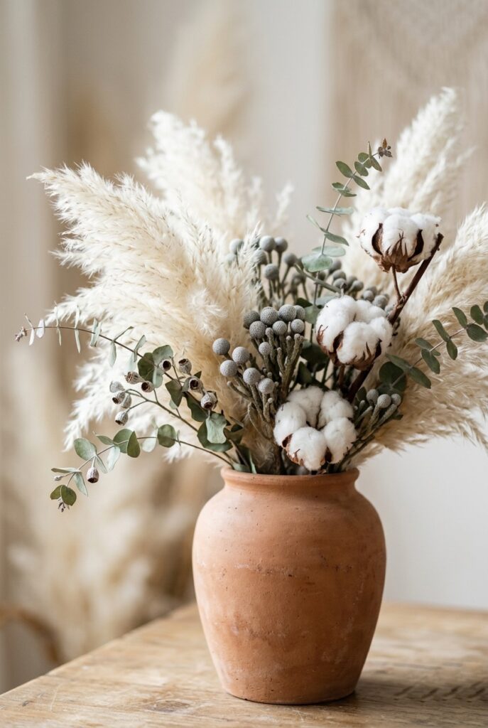 Winter wedding centerpiece with dried pampas grass, silver brunia berries, dried eucalyptus sprigs, and white cotton stems arranged in a matte terracotta vase