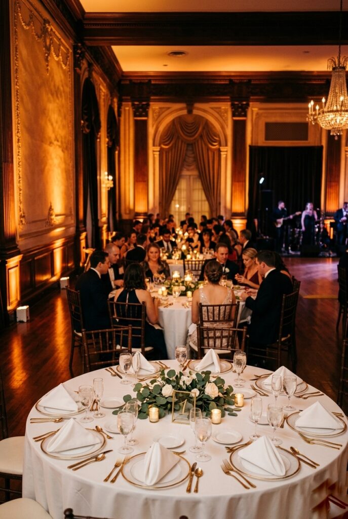 Wedding reception venue with warm amber uplighting washing the walls, creating a golden glow over round tables set with white linens and greenery centerpieces