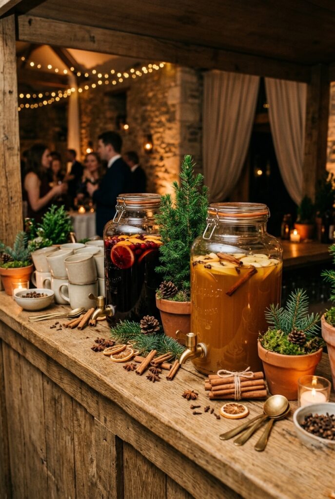  Rustic wooden bar station styled with glass dispensers of mulled wine and hot apple cider, surrounded by cinnamon sticks, star anise, and small potted evergreen plants at a winter wedding