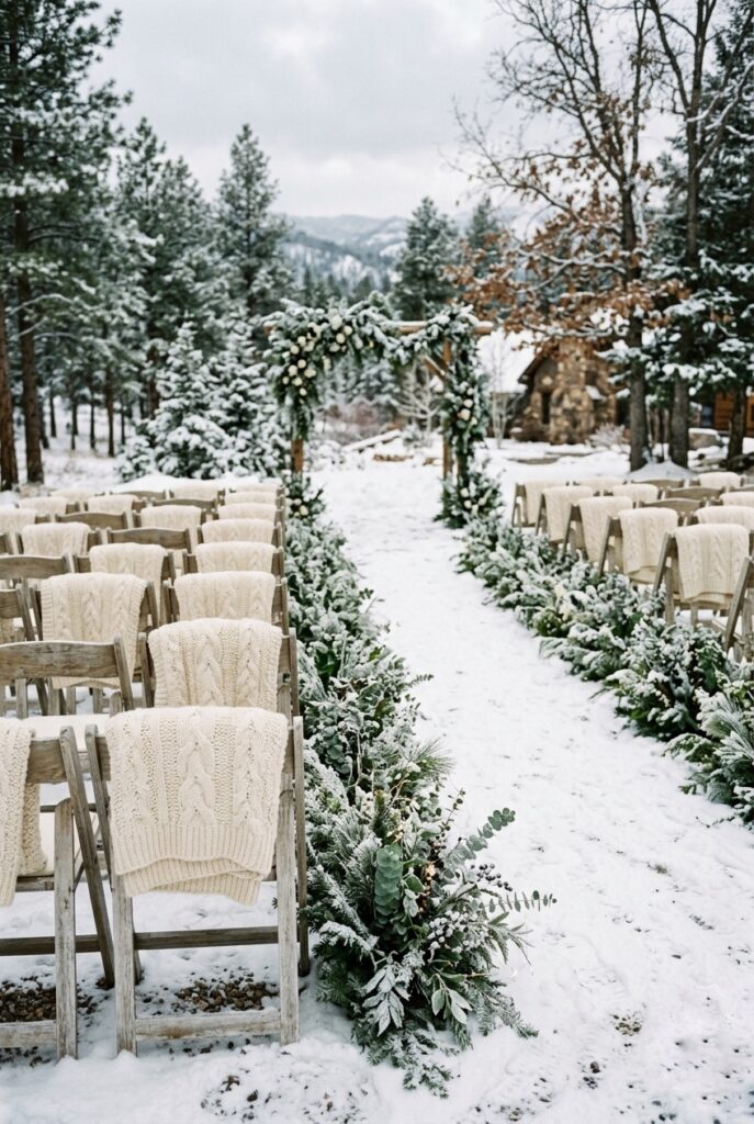 Outdoor winter wedding ceremony chairs draped with chunky cream knit blankets for guests, with frosted greenery lining the aisle