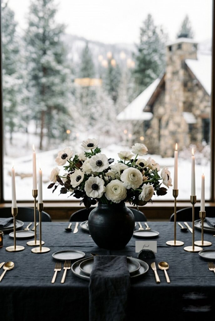 Winter wedding table with deep charcoal or black tablecloth, white anemone and white rose centerpiece, and thin gold candlesticks creating a dramatic and elegant contrast