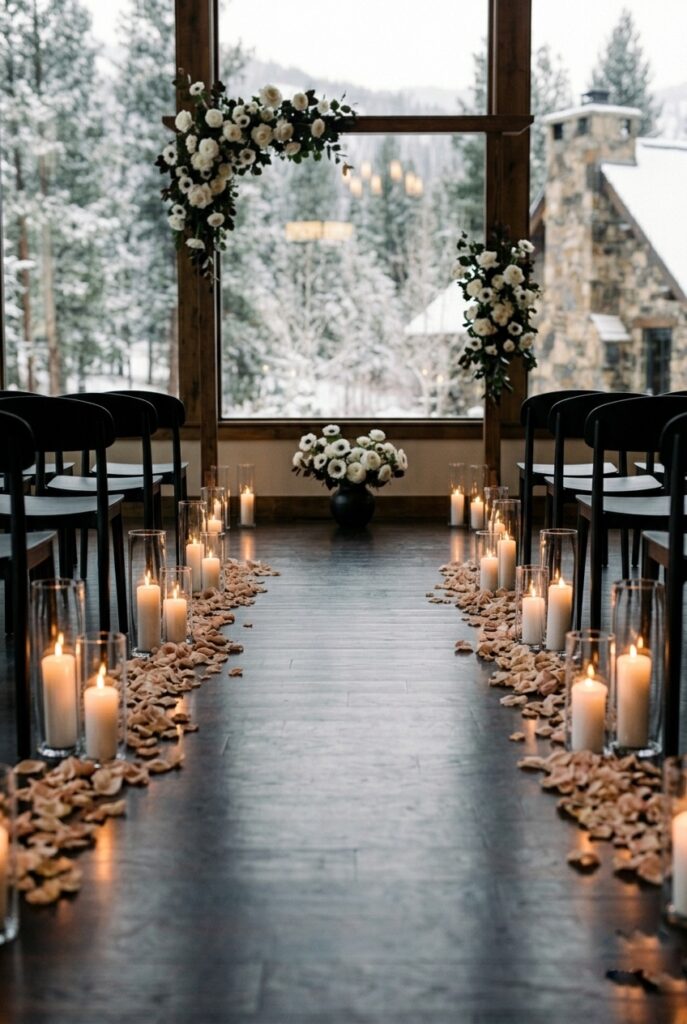 Wedding ceremony aisle lined with glass lanterns and pillar candles alternating with scattered dried rose petals in dusty blush and cream tones on a dark wooden floor