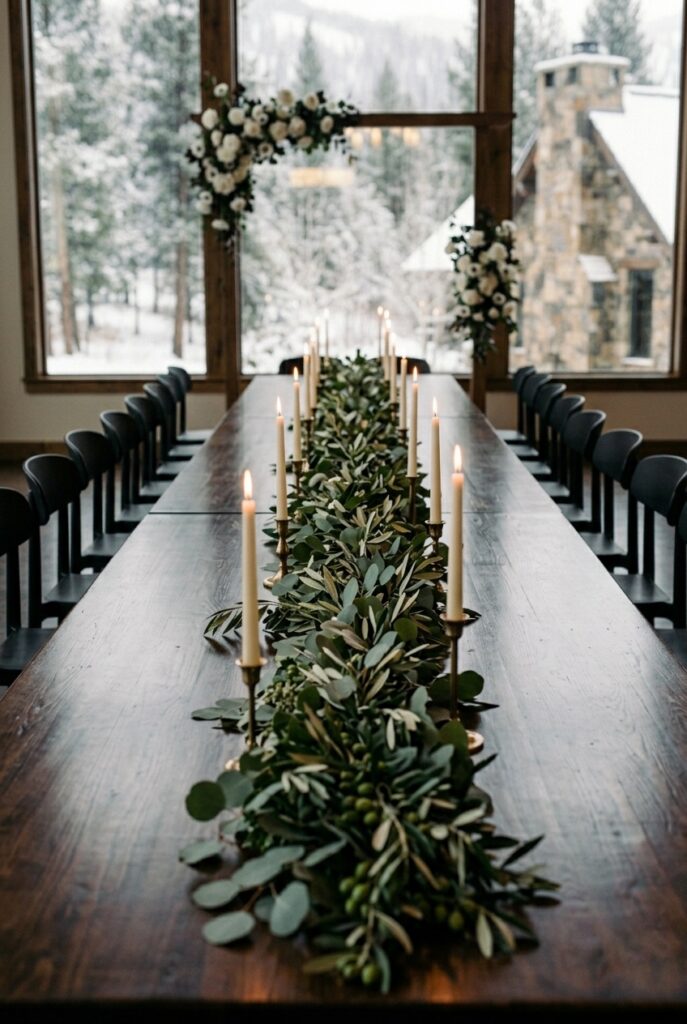 Long banquet table with one lush eucalyptus and olive branch garland runner down the center, with cream tapered candles nestled within the greenery and no other decor elements