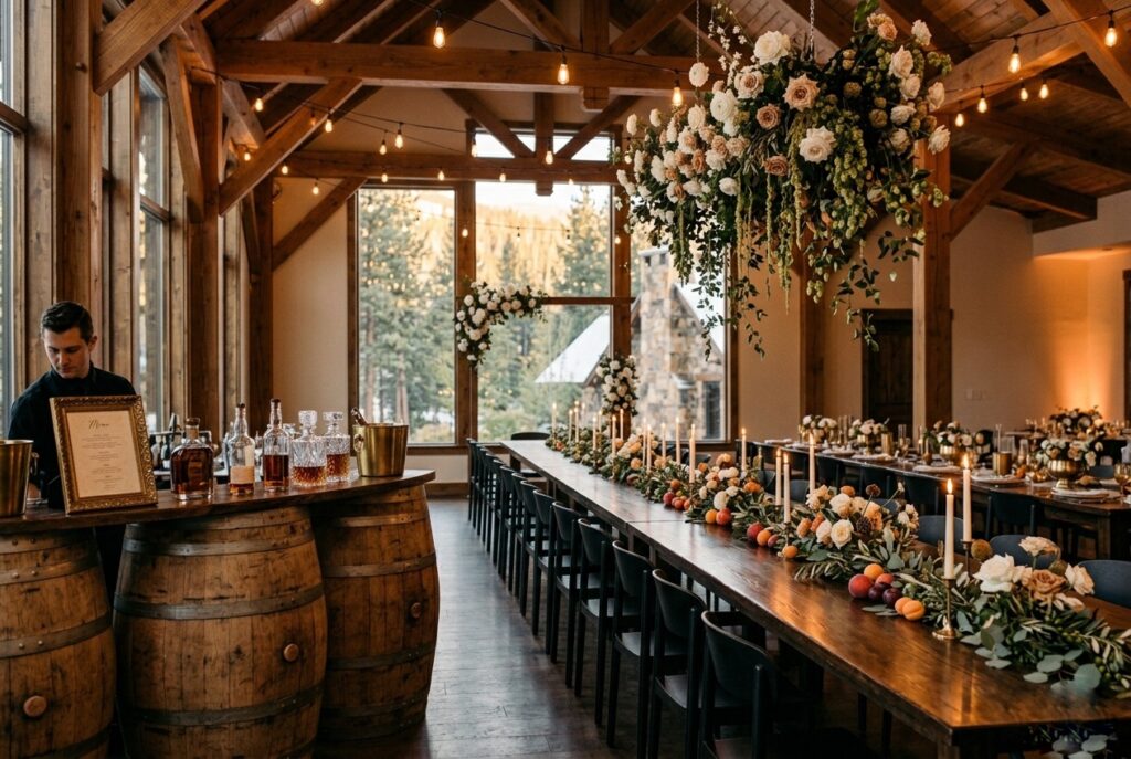 Elevated country wedding reception at golden hour with a whiskey barrel bar station, hanging floral installation from barn rafters, brass vessel centerpieces, stone fruit tablescapes, and warm candlelight throughout an open-air barn