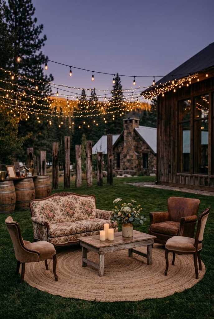 Outdoor country wedding reception lounge area at dusk with a vintage floral loveseat, two mismatched armchairs, a low wooden coffee table with candles and a small floral arrangement, an area rug on grass, and string lights overhead