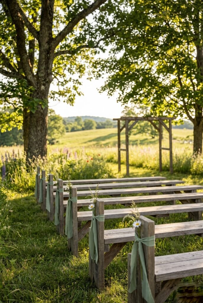 Outdoor country wedding ceremony with simple unpainted wooden benches in rows, each end decorated with a loose ribbon tie in sage green and a small bunch of wildflowers, set in a grassy meadow with golden afternoon light