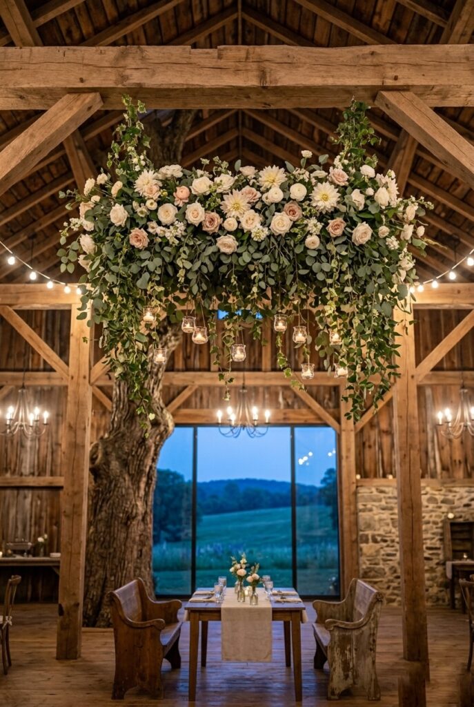 Interior of a country wedding barn reception with a dramatic hanging floral installation suspended from the rafters above the sweetheart table, featuring cascading white and blush blooms, trailing greenery, and small candles in glass holders