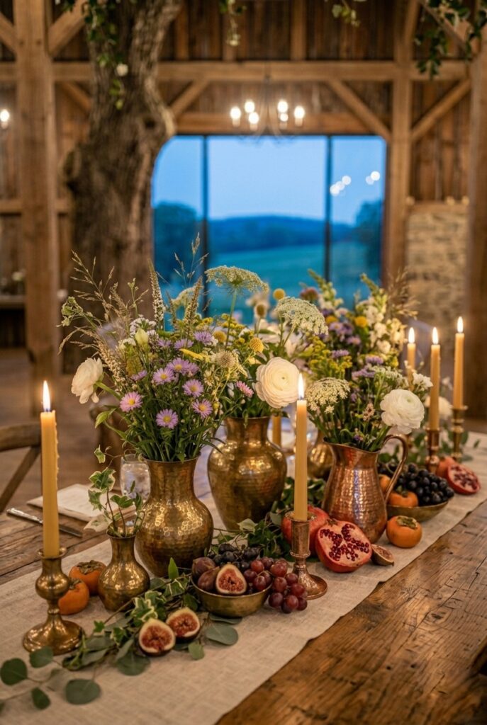  Country wedding table centerpiece with brass and hammered copper vases at varying heights holding mixed wildflowers, white ranunculus, and trailing greenery on a linen table runner with warm candlelight