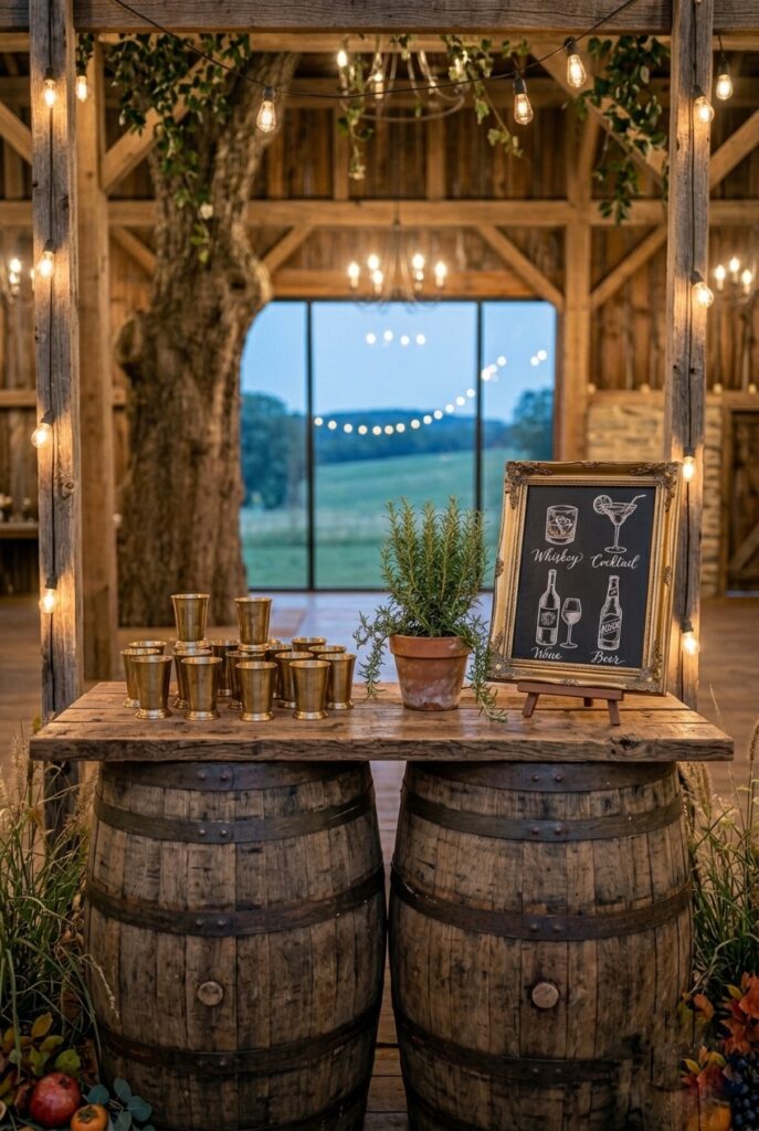 Country wedding outdoor bar station built from two stacked whiskey barrels topped with a reclaimed wood board, styled with brass cups, a small herb arrangement, a chalkboard drink menu in a vintage frame, and warm Edison bulb lighting overhead