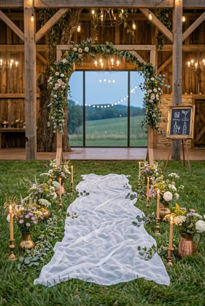 Outdoor country wedding ceremony with a flowing white chiffon aisle runner laid over natural grass, bordered by loose wildflower clusters at the edges, leading to a simple wooden arch wrapped in greenery and blush blooms in soft afternoon light